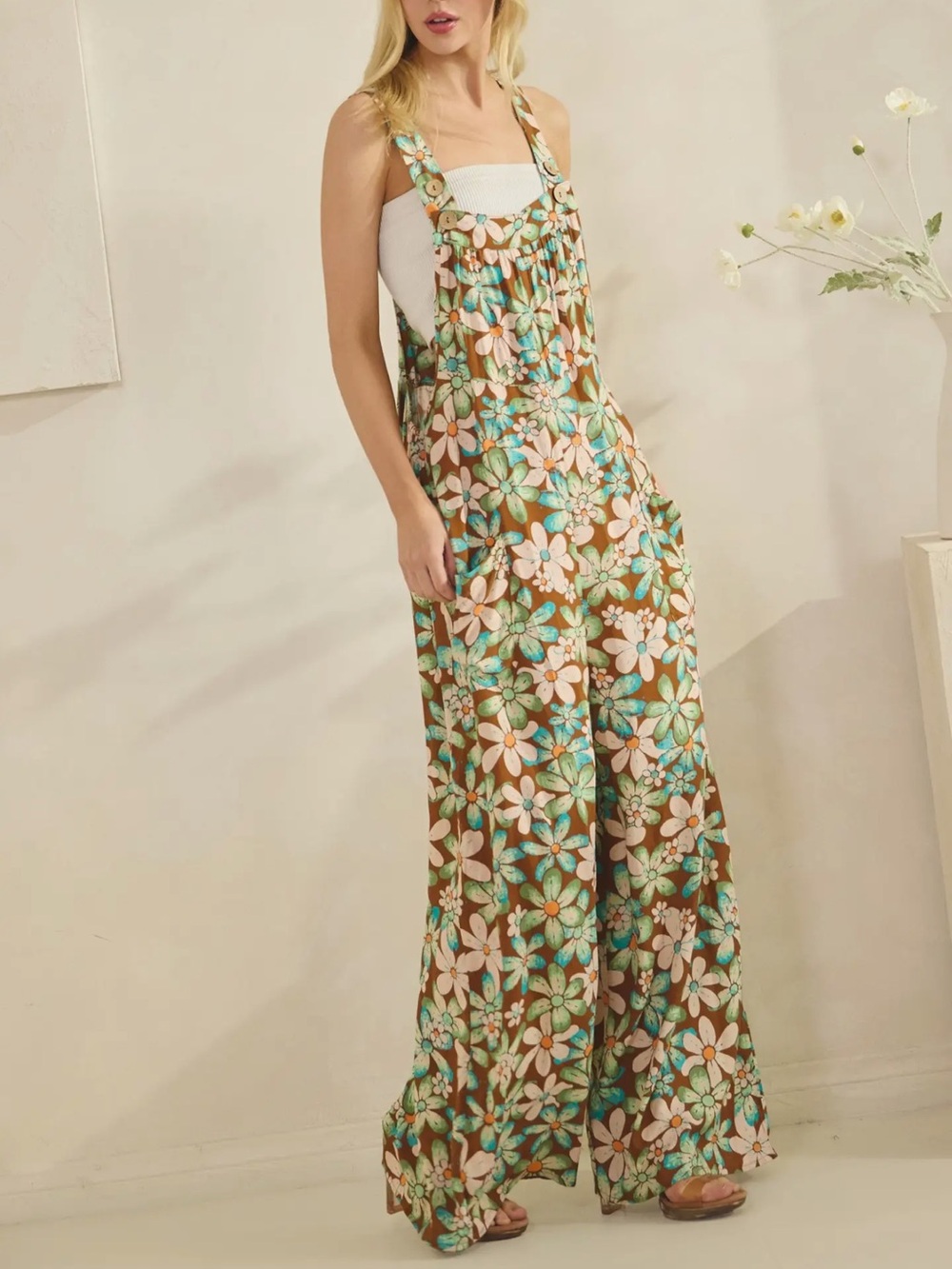Sage + Fig Retro Floral Wide-Leg Overall Jumpsuit Boho NWT S M L - Picture 4 of 5
